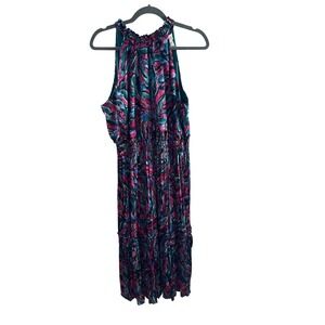 Nicole Miller New York Abstract Print Smocked Waist Halter Midi Dress L